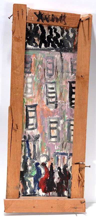 Purvis Young. Street Scene Of Building.: Purvis Young. Street Scene Of Building. Signed. Paint on found board with artist frame. Excellent condition. 11” w x 30"h. Est. $300-500. Ship:$45