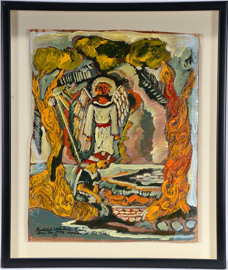 Rudy Bostic. Angel Watching Over Moses On Nile.: Rudy Bostic. Angel Watching Over Moses On The Nile. 1993. Signed and dated. Paint on found cardboard. Excellent condition. 23” w x 28” h with frame. Est. $300-500. Ship:$55