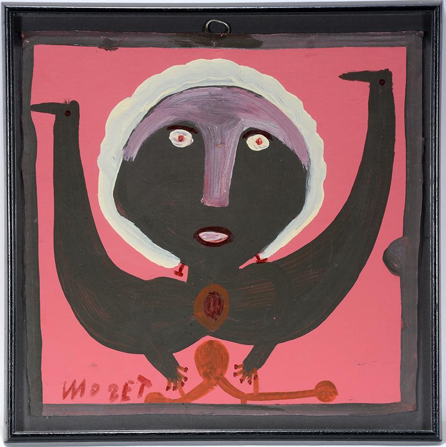Mose Tolliver. Scooter Girl.: Mose Tolliver. Scooter Girl. c. 1970-80’s. Paint on cardboard. Excellent condition. 17” x 17” with frame. Est. $800-1,200. Ship:$35