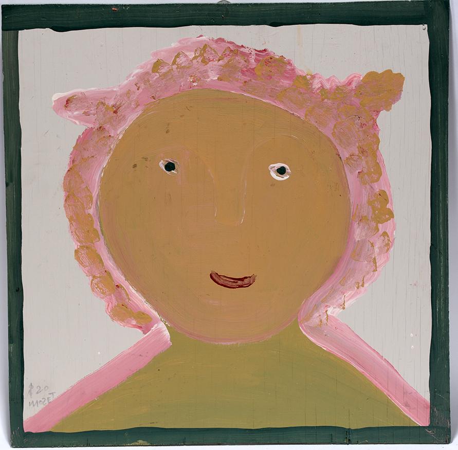 Mose Tolliver. Pink Head Figure.: Mose Tolliver. Pink Head Figure. Signed and price of $20. Paint on board. Excellent condition. 21” w x 20"h. Est. $600-900. Ship:$45