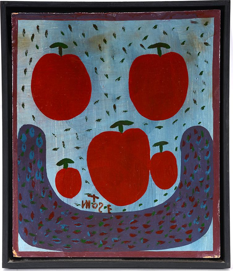 Mose Tolliver. Basket Full Of Apples.: Mose Tolliver. Basket Full Of Apples. Signed. Paint on found masonite. Dog ears on lower corner, otherwise great condition. 14” w x 17” h with frame. Est. $600-900. Ship:$45