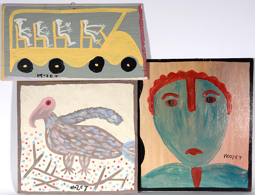 Mose Tolliver or Tolliver Family. 3 Works.: Mose Tolliver or Tolliver Family. Three Works. Signed. Paint on board. Great condition. 16” x 12” average size. Est. $200-400. Ship:$55
