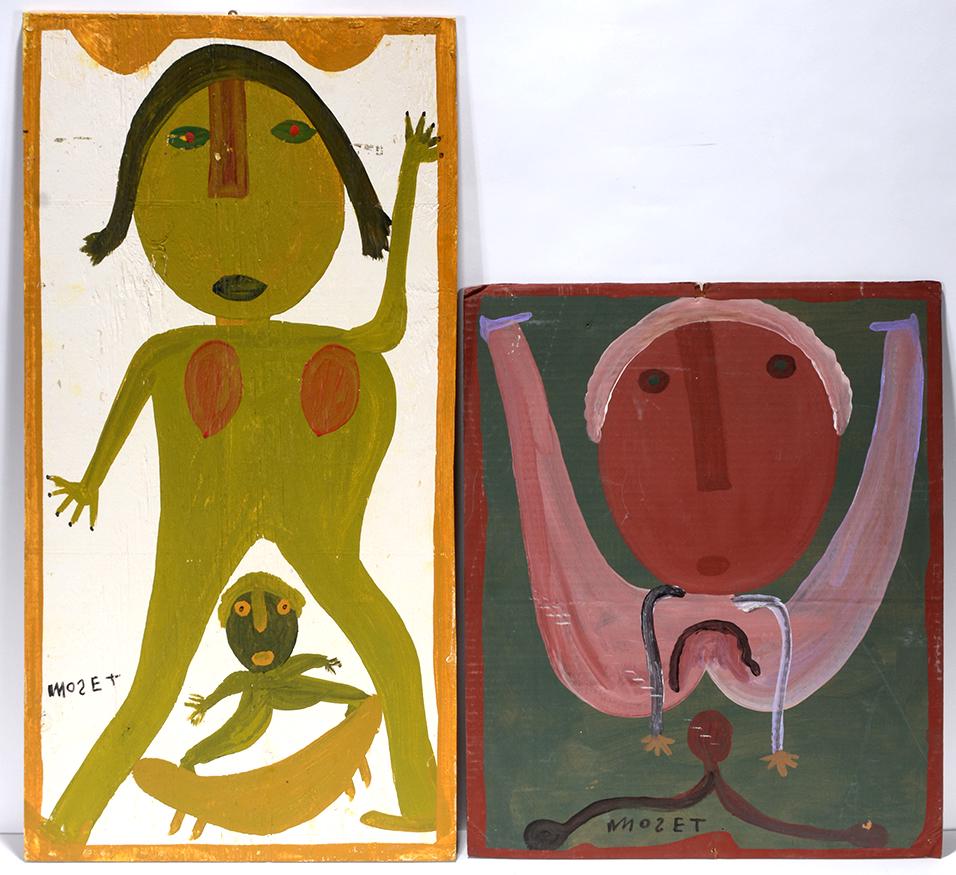 Mose Tolliver. Pair Of Erotic Works.: Mose Tolliver. Pair Of Erotic Works. Signed. Not dated. Paint on cardboard and board. Noticeable paint wear, otherwise fair condition. Tallest is 16” w x 32"h. Est. $300-500. Ship:$55