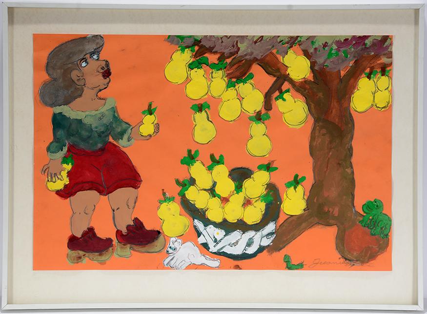Juanita Rogers. Pear Trees.: Juanita Rogers. Pear Trees. Signed. Not dated. Paint and graphite on colored paper. Excellent condition. Size with frame is 22” w x 16"h. Est. $300-500. Ship:$45
