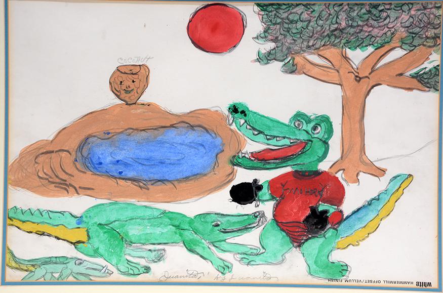 Juanita Rogers. Gators.: Juanita Rogers. Gators. Signed. Not dated. Paint and graphite on found paper. Excellent condition. 26” w x 19” h with frame. Est. $300-600. Ship:$55