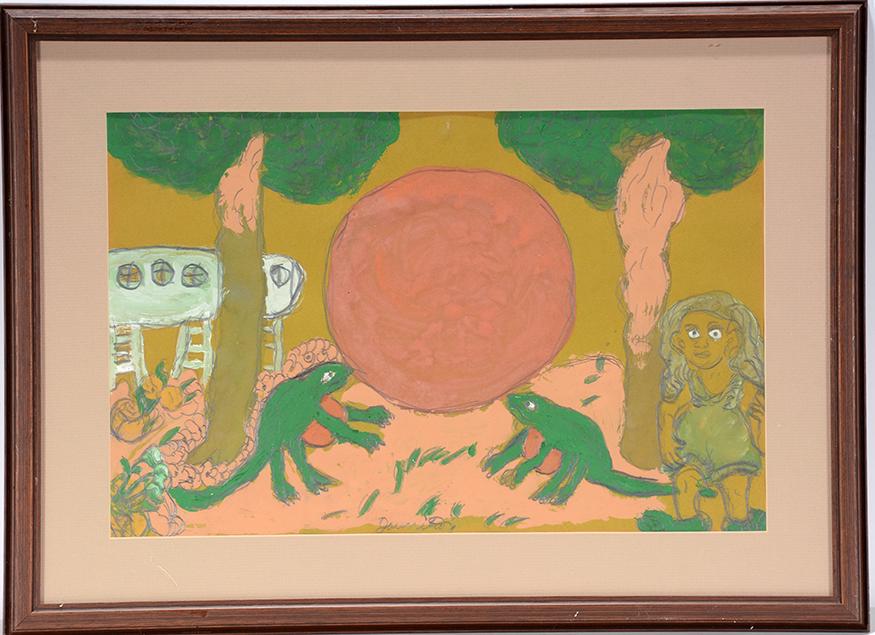 Juanita Rogers. Bull Frogs & Big Ball.: Juanita Rogers. Bull Frogs And Big Ball. Signed. Not dated. Graphite and paint on paper. Excellent condition. 24” w x 17” h with frame. Provenance: Collection of Georgine & Jack Clar