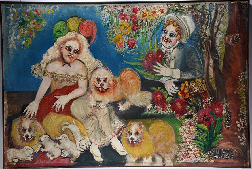 Ursula Barnes. I Cannot Choose.: Ursula Barnes. I Cannot Choose. Signed and titled. Not dated. Oil on heavy cloth. Great condition. 60” w x 41” h with frame. Provenance: The Ames Gallery. Est. $1,000-2,000. Ship:$300