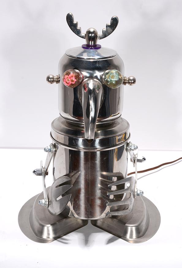Jim Bauer. Flower Eye Fella.: Jim Bauer. Flower Eye Fella. 2010. Signed and dated. Aluminum scrap and found kitchenware construction. Excellent condition. 15” x 10” x 9”. Provenance: The Ames Gallery. Est. 