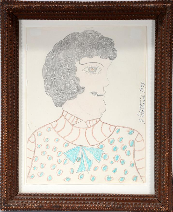 Inez Nathaniel Walker. Woman With Blue Tie.: Inez Nathaniel Walker. Woman With Blue Bow Tie. 1973. Signed and dated. Crayon and pencil on paper. Excellent condition. Size with tramp art frame is 13” w x 16"h. Provenance: The Ames Gallery. 