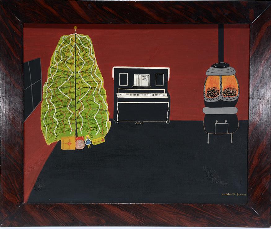 Antoinette Schwob. Christmas Eve, ND: Antoinette Schwob. Christmas Eve, North Dakota. Signed and titled on verso. Oil on canvas. Excellent condition. Provenance: Jay Johnson Gallery. 36” w x 30” h with frame. Est. $400-6