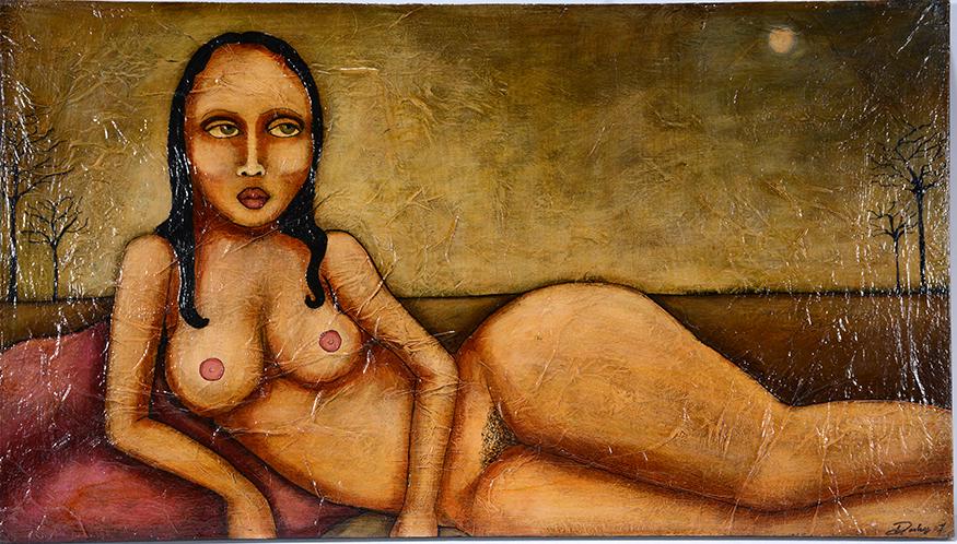 Dooley. Reclining Nude.: Dooley. Reclining Nude. 2007. Signed and dated. Paint on paper backed to board, varnished. Excellent condition. 23” w x 13"h. Est. $300-500. Ship:$45