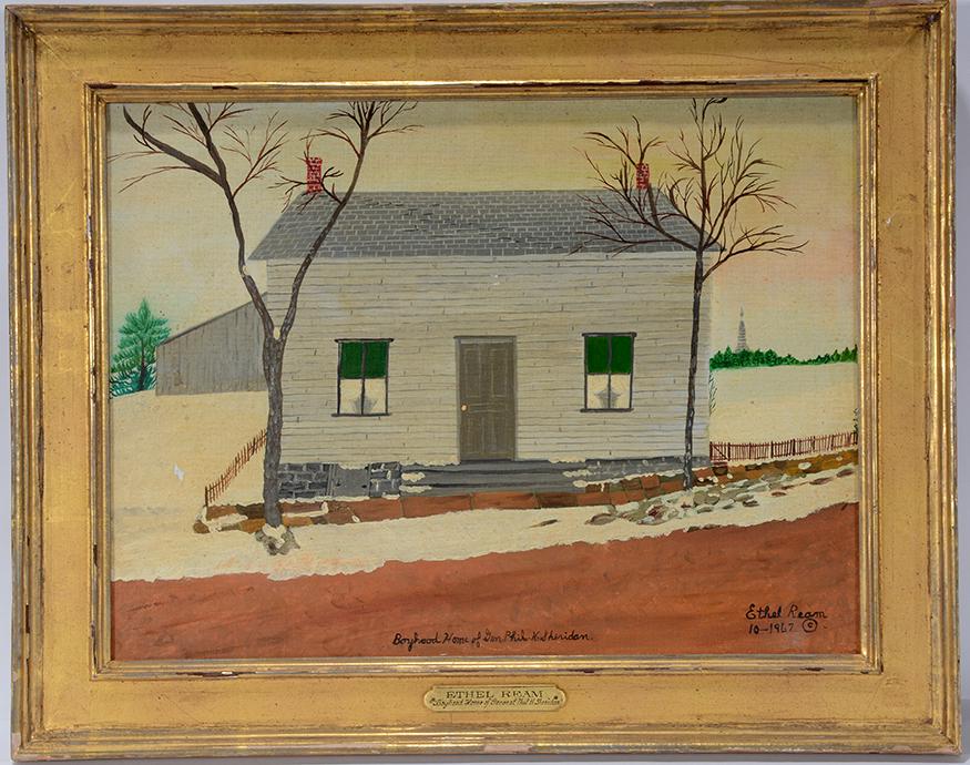 Ethel Ream. Boyhood Home Gen. Sheridan.: Ethel Ream. Boyhood Home Of Gen. Phil H. Sheridan. 1967. Signed, dated and titled. Oil on canvas panel. Minor paint chip, otherwise good condition. 20” w x 16” h with frame. Est. $20