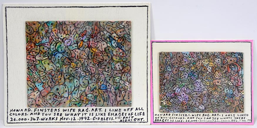 Howard Finster. Rag Art Works.: Howard Finster. Pair Of Rag Art Works. 1992. #26,340 and 26,343. Signed, dated, titled and numbered. Paint and marker on rag cloth backed to board. Excellent condition. Largest is 14” w x 12"h.