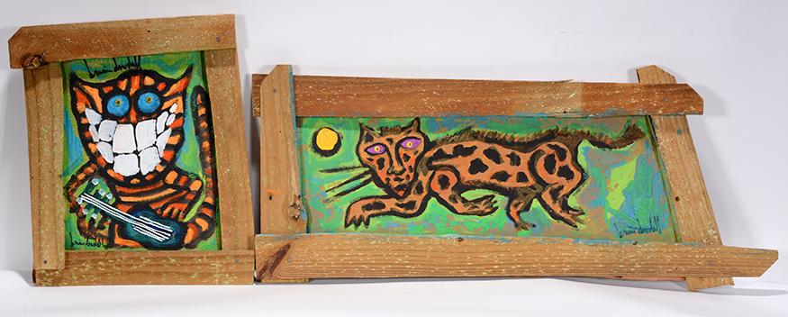 Brian Dowdall. Pair of Cat Paintings.: Brian Dowdall. Pair of Cat Paintings. Signed. Paint on cardboard with artist frame. Excellent condition. Largest is 26” w x 12"h. Est. $300-500. Ship:$55