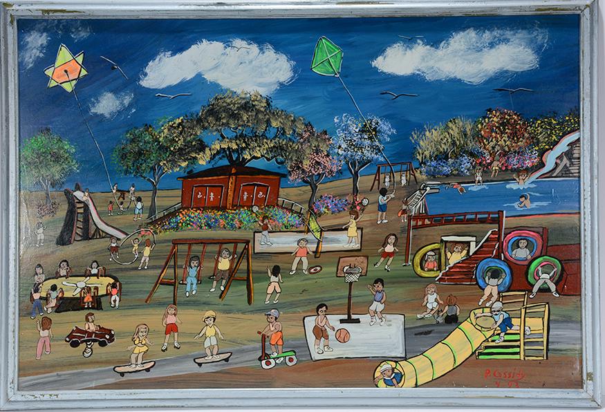 Priscilla Cassidy. The Playground.: Priscilla Cassidy. The Playground. 1992. Signed, dated and titled. Paint on masonite. Excellent condition. 32” w x 22” h with frame. Est. $300-500. Ship:$45