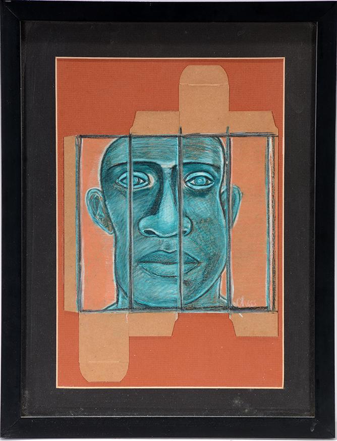 Tim Chess. Portrait Behind Bars.: Tim Chess. Portrait Behind Bars. Signed. Pastel on found cardboard box. Excellent condition. 13” w x 17” h with frame. Provenance: Collection of Georgine & Jack Clarke. Est. $200-300