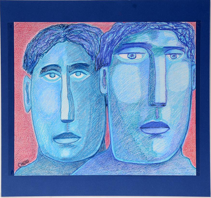 Tim Chess. Twins In Blue, #880.: Tim Chess. Twins In Blue, #880. Signed. Crayon on paper. Excellent condition. Image is 17” w x 14"h. Est. $300-500. Ship:$35