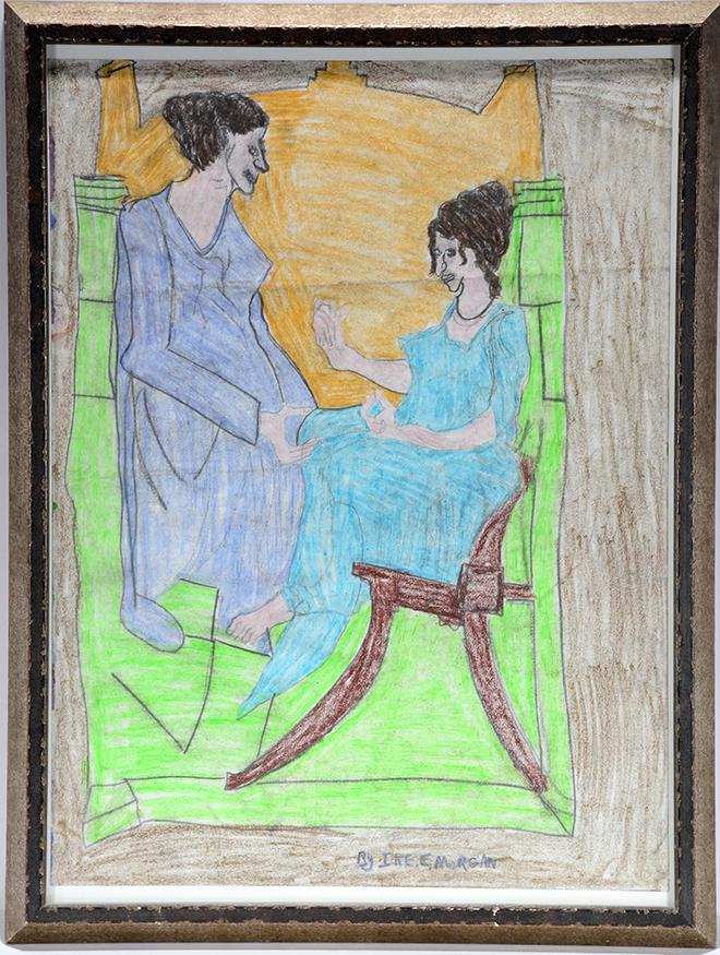 Ike Morgan. Ladies In Purple & Blue.: Ike Morgan. Ladies In Purple And Blue. c. 1980’s. Signed. Pastel and crayon on paper. Excellent condition. Size with frame is 20” w x 27"h. Est. $300-500. Ship:$55