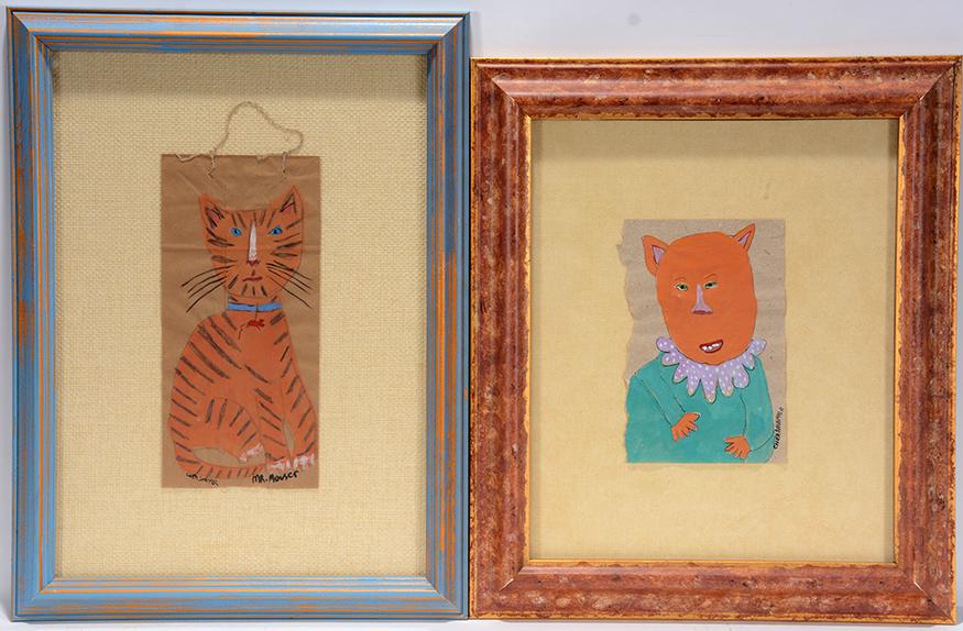 Cher Shaffer. Pair Of Cat Paintings.: Cher Shaffer. Pair Of Cat Paintings. Signed. Paint and crayon on brown paper bags. Great condition. Average size is 15” w x 19” h with frame. Est. $200-400. Ship:$35