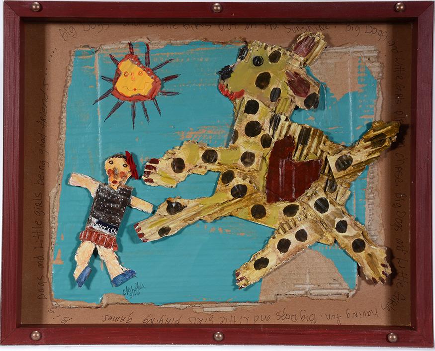 Cher Shaffer. Big Dog Little Girl.: Cher Shaffer. Big Dog Little Girl. 2014. Signed, dated and titled. Paint on cut-out cardboard with box frame. Excellent condition. 20” x 16” x 2”. Est. $200-400. Ship:$35
