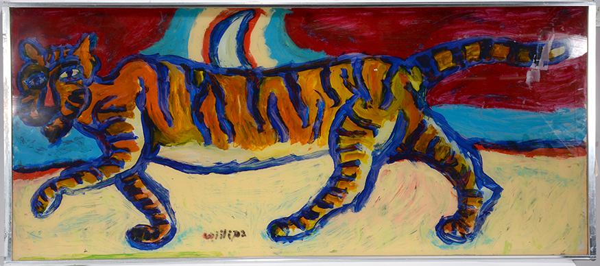 Willi Armstrong. Tiger Stained Glass.: Willi Armstrong. Tiger Stained Glass. Signed. Paint on reverse shower glass door. Some loss to paint, otherwise good condition. 55” w x 24"h. Est. $300-500. Buyer is responsible for shipping.