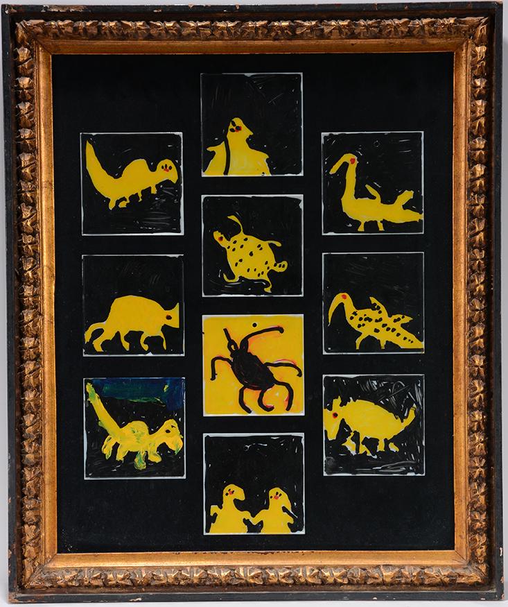 Clyde Jones. 10 Tile Animals.: Clyde Jones. 10 Tile Animals. Not signed. Paint on plastic tiles, framed together. Excellent condition. 20” w x 24” h with frame. Est. $200-300. Ship:$55