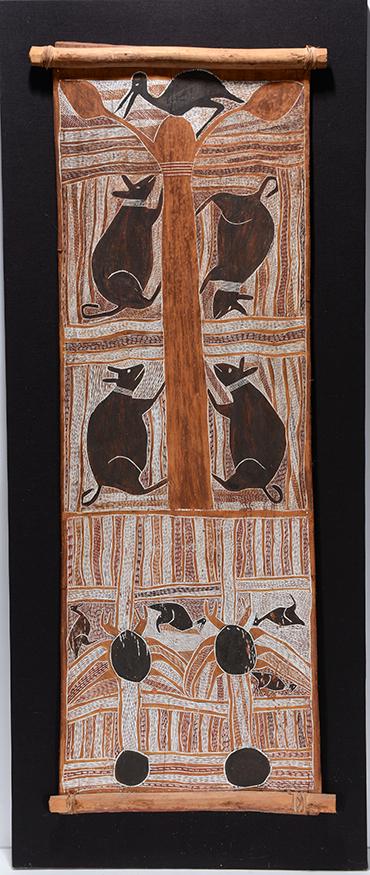 Nanyin Maymuru. The Possum Tree Story.: Nanyin Maymuru (1918-1969). The Possum Tree Story. Not signed or dated. Natural paint on bark. Very early and rare piece. Important Aboriginal artist. Minor paint loss on left middle due to age, other