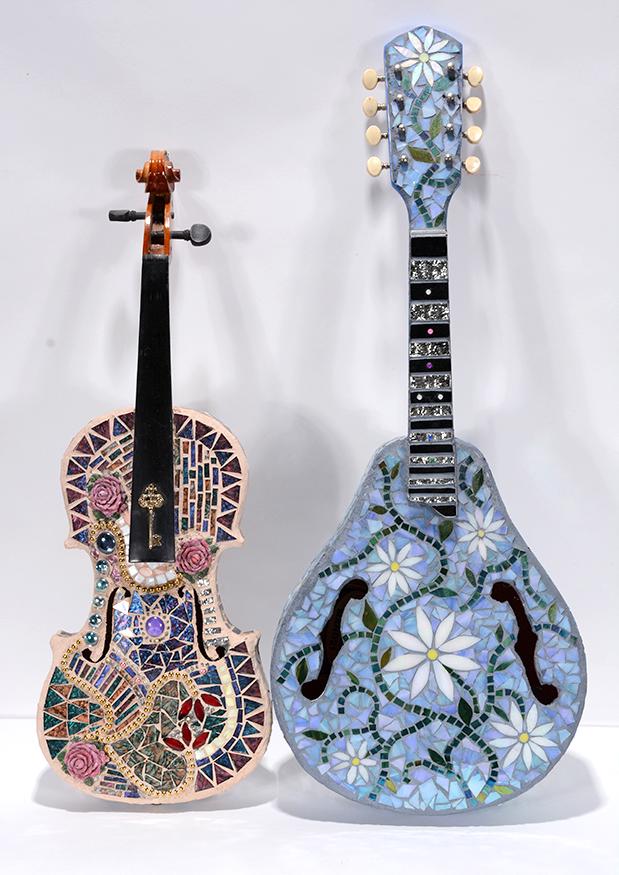 Mosaic Fiddle & Mandolin.: Unknown Make. Mosaic Fiddle & Mandolin. Not signed. Mosaic tile and glass over wooden instruments. Great condition. Tallest is 27"h. Est. $200-300. Ship:$55