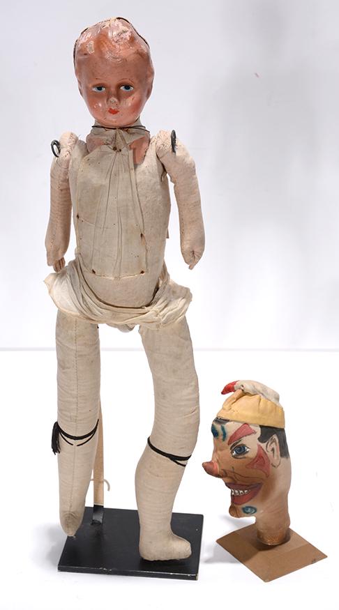 Doll and Clown Head.: Anonymous Doll and Clown Head. Cloth Doll. Not signed. Good condition. Tallest is 17"h. Provenance: The Ames Gallery. Est. $200-300. Ship:$35