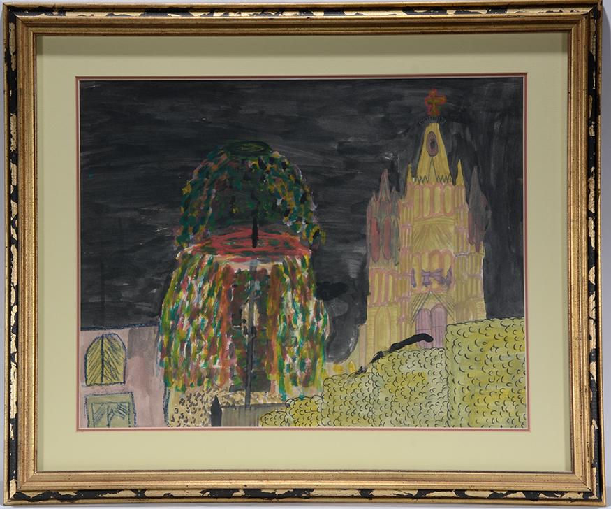 Jose Luis. Church Illuminated At Night.: Jose Luis. Church Illuminated At Night. Signed. Not dated. Watercolor on paper. Minor cut on lower right corner of paper, otherwise good condition. 31” w x 27” h with frame. Es