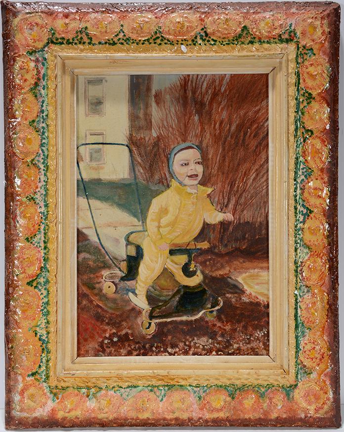 Earl Hasting Beymer. Toddler In Yellow On Stroller.: Earl Hasting Beymer. Toddler In Yellow On Stroller. c. 1960’s. Signed. Oil on canvas panel. 15” w x 19” h with frame. Excellent condition. Est. $300-500. Ship:$35