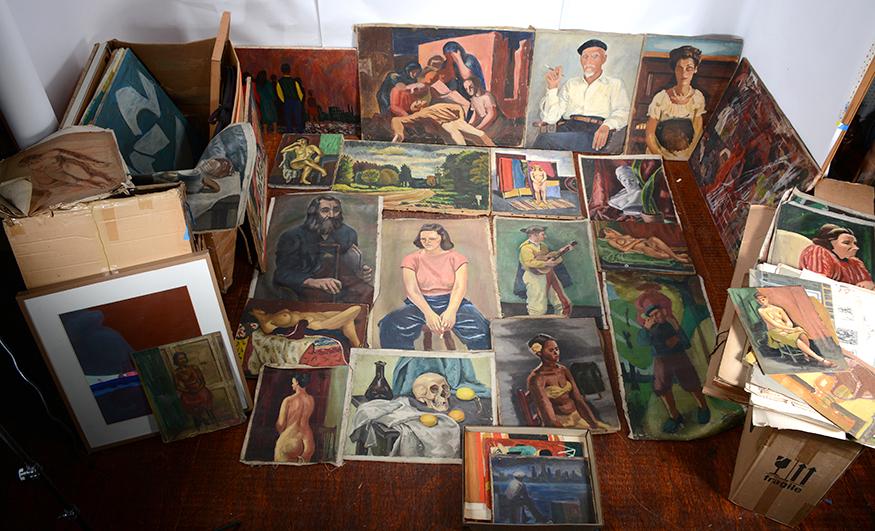 Sidney Koblenz. XL Box Lot of Artist’s Estate.: Sidney Koblenz. Mid-century. Extra Large Box Lot of Artist's Estate. c. 1930-40s. Oil on canvas and paper. Some canvas are unstretched and paper works are in boxes. All in good to fair condition. The 