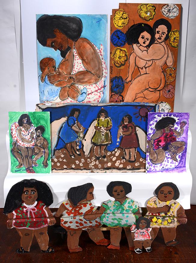 Betty Sue Matthews. 8 Works.: Betty Sue Matthews. 8 Works. Signed. Paint on paper, tin and found cardboard. All in good condition. Largest is 22” x 28”. Est. $100-200. Ship; $100