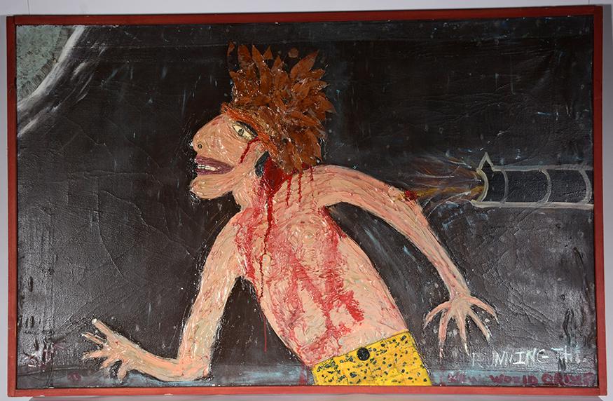 Jesse Mitchell. Running The World Order.: Jesse Mitchell. Running The World Order. Initialed and titled. Not dated. Paint and mixed media on canvas. Crazing through out and some loss to leaves, otherwise fair condition. Size with frame is 57&