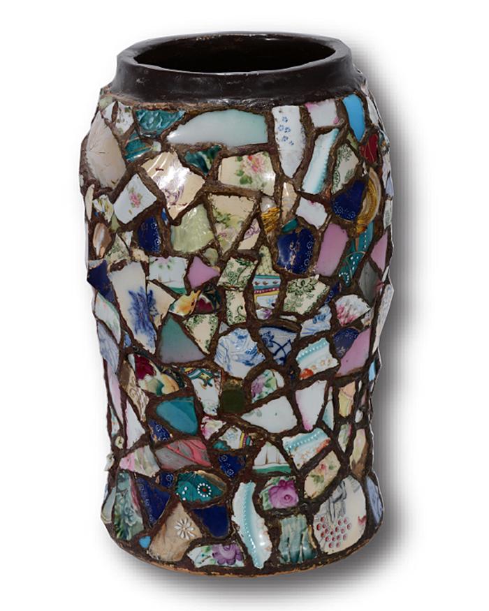 Large Memory Shard Vase.: Anonymous Large Memory Shard Vase. China, tile and mixed media attached to large 3 gallon churn. Excellent condition. 15” h x 10” d. Est. $300-500. Ship:$75