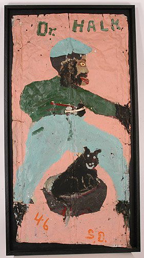 Sam Doyle. Dr. Halk: Housepaint on tin with attached chicken bone. Numbered "46". Signed, "S.D." 27.5" w x 54" h. Shadow Box frame is 31" w x 57" h. Dr. Halk was a very important person to the people of the Gullah Islands