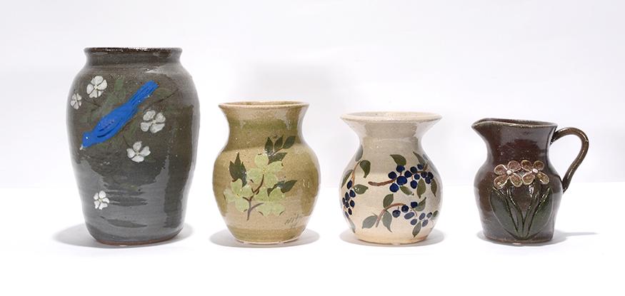 Anita Meaders. 4 Works With Flowers.: Anita Meaders. Four Works With Flowers. Signed. All mint condition. Tallest is 9.5" h. Est. $200-300. Ship: $75