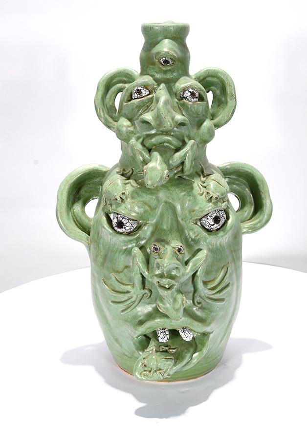 Gina L. Howell. Dbl Stack Face Jug w Bugs & Lizard. (1 of 4)