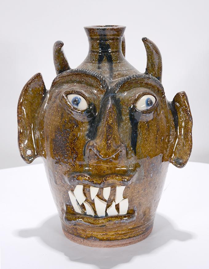 V. Lowery. Rare Brown Glaze Devil Face Jug. (1 of 5)