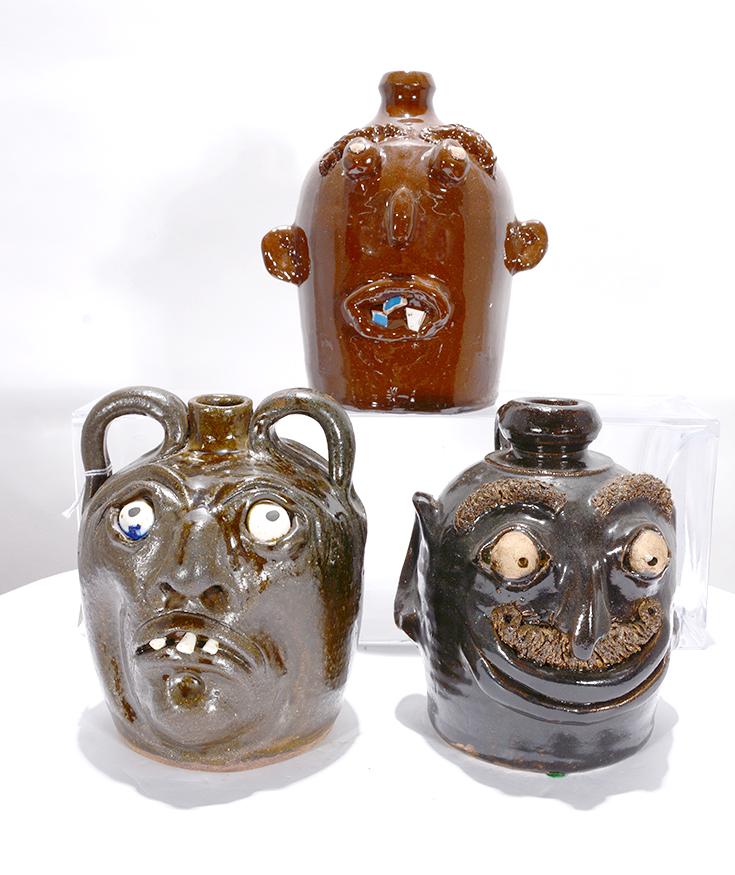 Hanning, Jackson, Seagrove. 3 Bug-Eyed Face Jugs. (1 of 2)