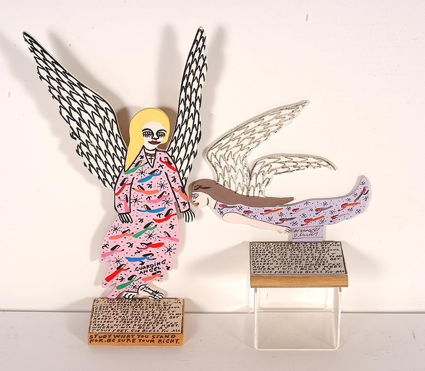 Howard Finster. Standing Angel & Flying Angel.: Howard Finster. Standing Angel & Flying Angel. #18,212, 3/1991 & #45,240, 6/1999. Paint and marker on with wood with xerox text. Larger is 9" x 17" x 3.5". Both in excellent condition. Est. $300-500. 