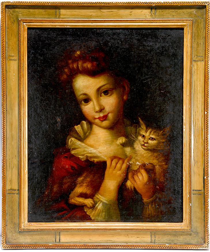 Akers. Girl With Cat.: Akers. Girl With Cat. c. late 1800's to early 1900's. Oil on canvas layered on board with varnish. Minor wear at hands, otherwise good condition. 20" w x 24" h with frame. 16.5" w x 19.5" h image only