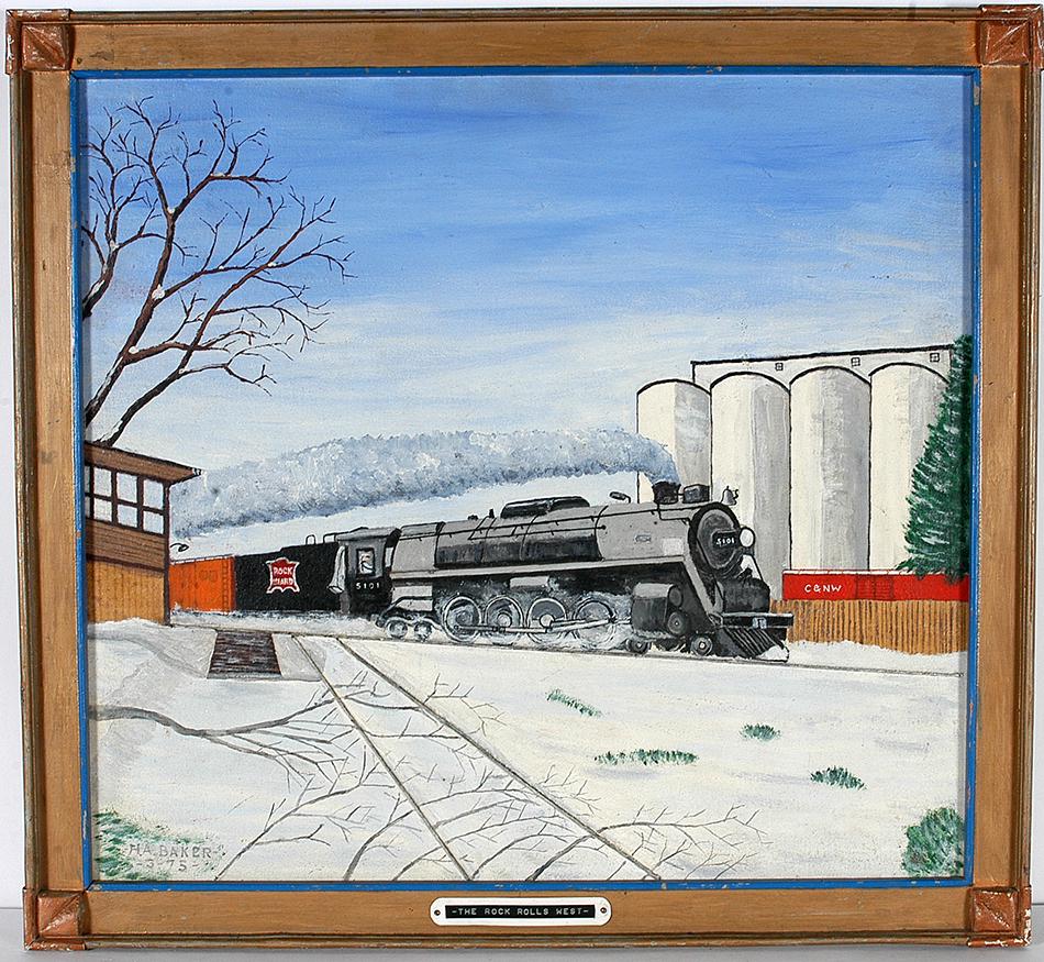 H.A. Baker. End Of An Era.: H.A. Baker. End Of An Era. 1975. Signed, dated and titled on back. Paint on canvas stretched over pegboard. Excellent condition. Size with frame is 27" w x 25" h. Est. $100-200. Ship: $65