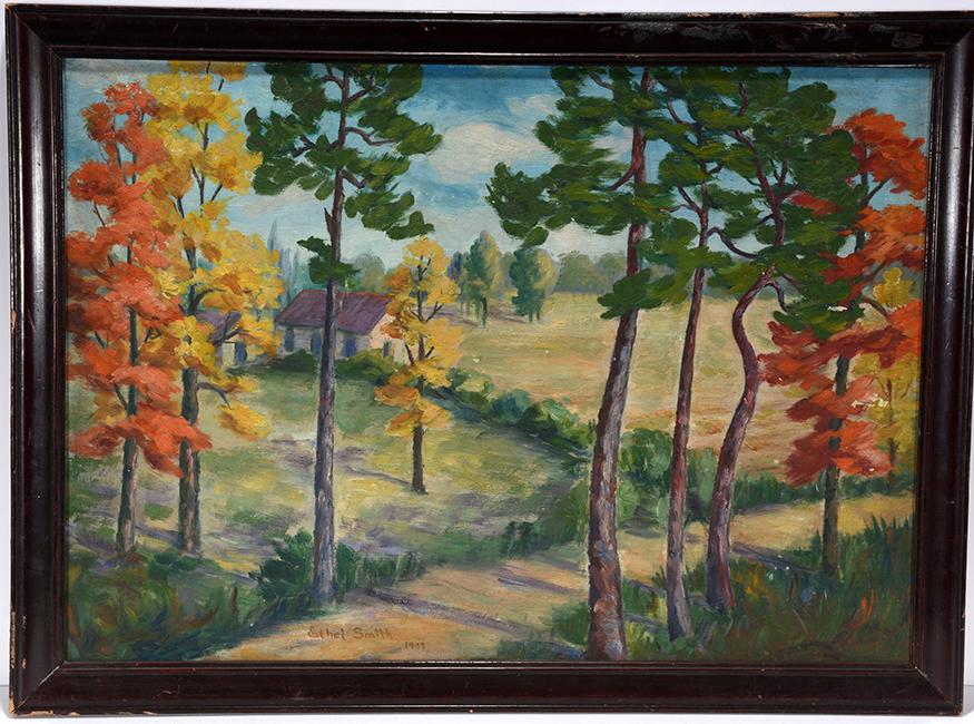 Ethel Smith. Fall Landscape.: Ethel Smith. Fall Landscape. 1937. Signed and dated. Oil on artist panel. Paint loss and scuffs, otherwise fair condition. 29" w x 21" with frame. Est. $100-200. Ship: $45