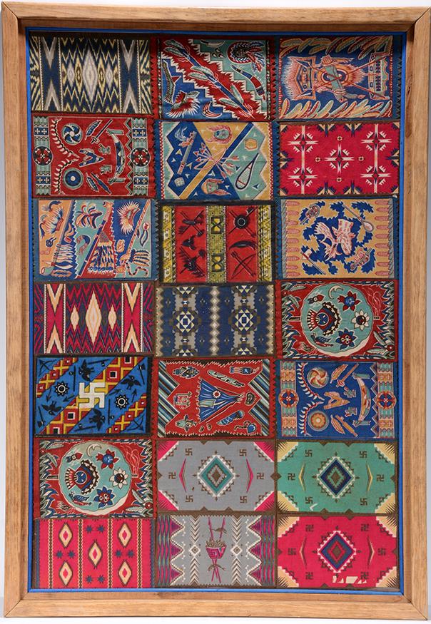 Tobacco Felt Cigarette Fabric Giveaway Sampler.: Tobacco Giveaway. Felt Cigarette Fabric Giveaway Sampler. c. 1930's. Great condition. 29" w x 42" h with frame. Est. $300-500. Ship: $150