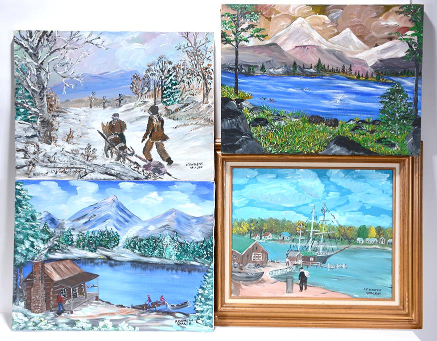 Kenneth Walsh. Four Works.: Kenneth Walsh. Four Works. Signed. Not dated. Oil on canvas. Excellent condition. Smaller one added to group is not photographed. Average size is 27" x 23". Est. $100-200. Ship: $65