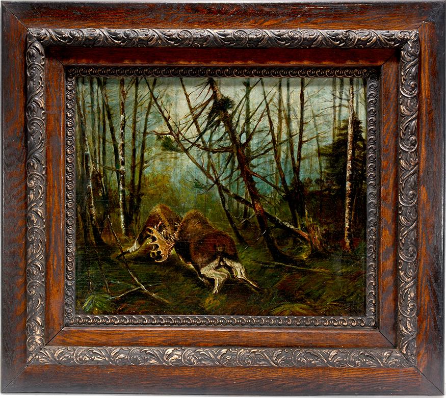 Anonymous. Moose Fight.: Anonymous. Moose Fight. c. 1940’s. Not signed or dated. Oil and varnish on board. Minor aging to the board, otherwise great condition. 32”w x 29”h with frame. Est. $800-1,200. Ship: 