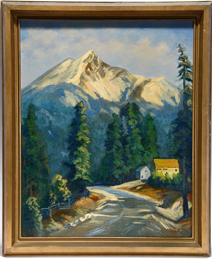 Margaret Rogers. Home.: Margaret Rogers. Home In the Shadow Of Mountain. c. 1940-50’s. Signed. Oil on masonite. Excellent condition. 26”w x 32”h with frame. Est. $1,000-1,500. Ship: $85