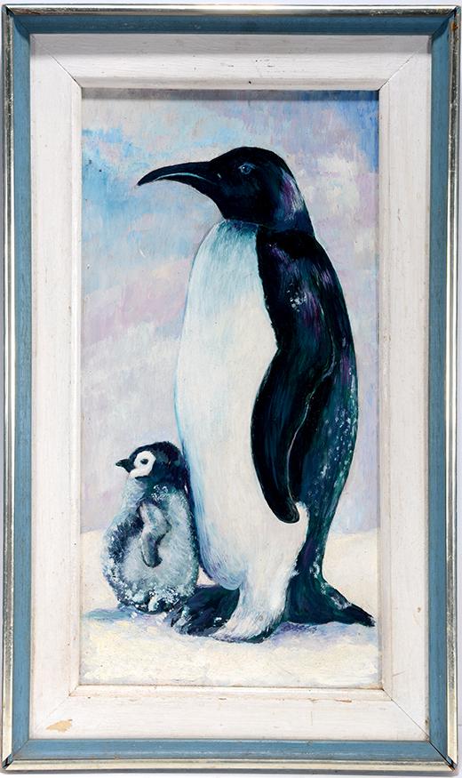 Penguin With Chick.: Anonymous. Penguin With Chick. c. 1970’s. Not signed or dated. Oil on masonite. Excellent condition. 13” w x 22”h with frame. Est. $300-500. Ship: $45