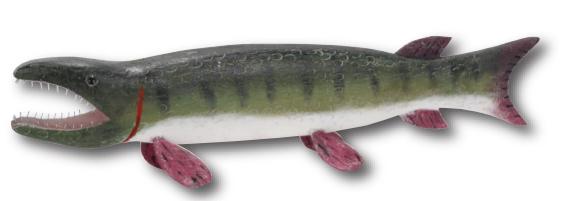 Miles Smith. Large Muskie.: Miles Smith. Large Muskie. Not signed. Carved and painted wood with glass eyes and nail teeth. Excellent condition. 31”long x 7”h. Est. $400-600. Ship: $65